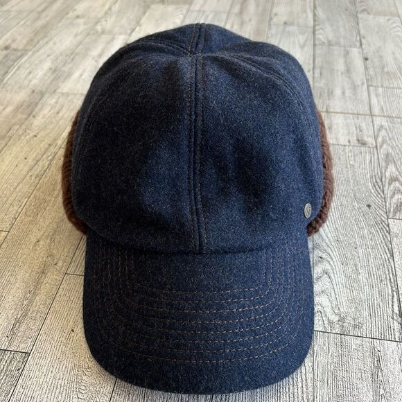 Ear-Flap Hat Blue Wool brown cableknit plaid flannel lined S/M Gap Vintage - Picture 5 of 12